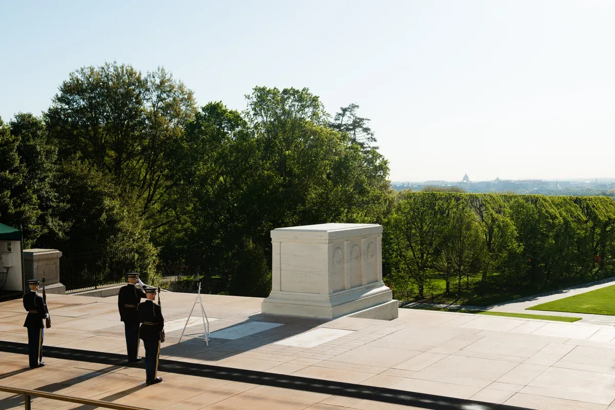 Sentinels at the Tomb of the Unknown Soldier during the Changing of the Guard at Arlington National Cemetery, seen on Washington DC tours for seniors