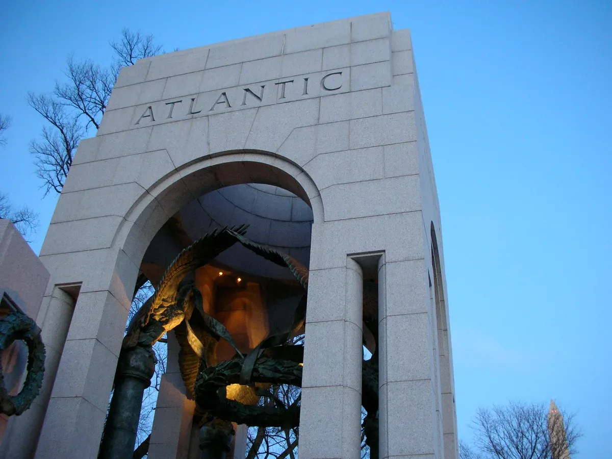 The World War II Memorial fountains on the National Mall, a stop on a Washington DC tour for seniors in a vintage car